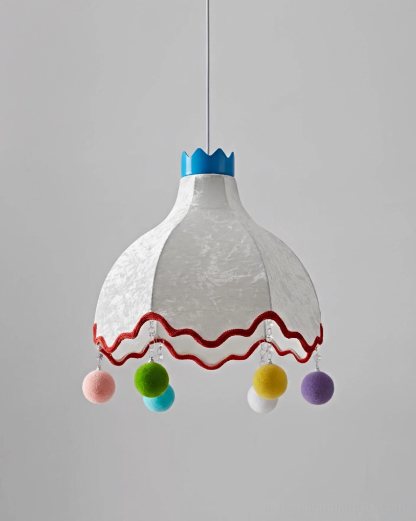Mireo modern pendant light with wide dome fabric shade, red wavy trim, and matching multicolor pom-pom accents