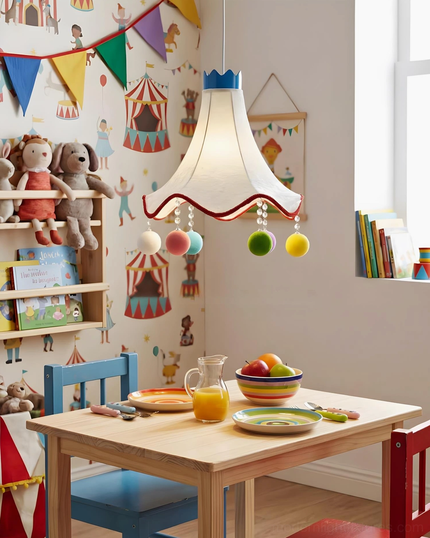Mireo kids pendant light with circus-themed playful design and colorful pom-pom accents - children's play area