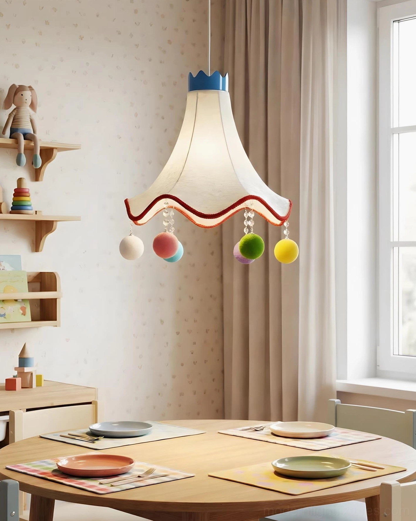Mireo whimsical pendant light hanging in modern dining room with wooden table - home installation example