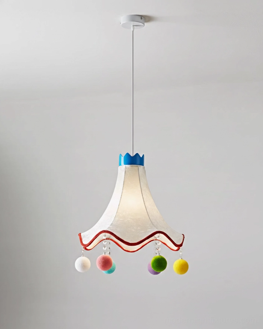 Mireo pendant lamp with slender scalloped fabric shade, red trim, and pastel pom-pom pendants - overhead studio angle