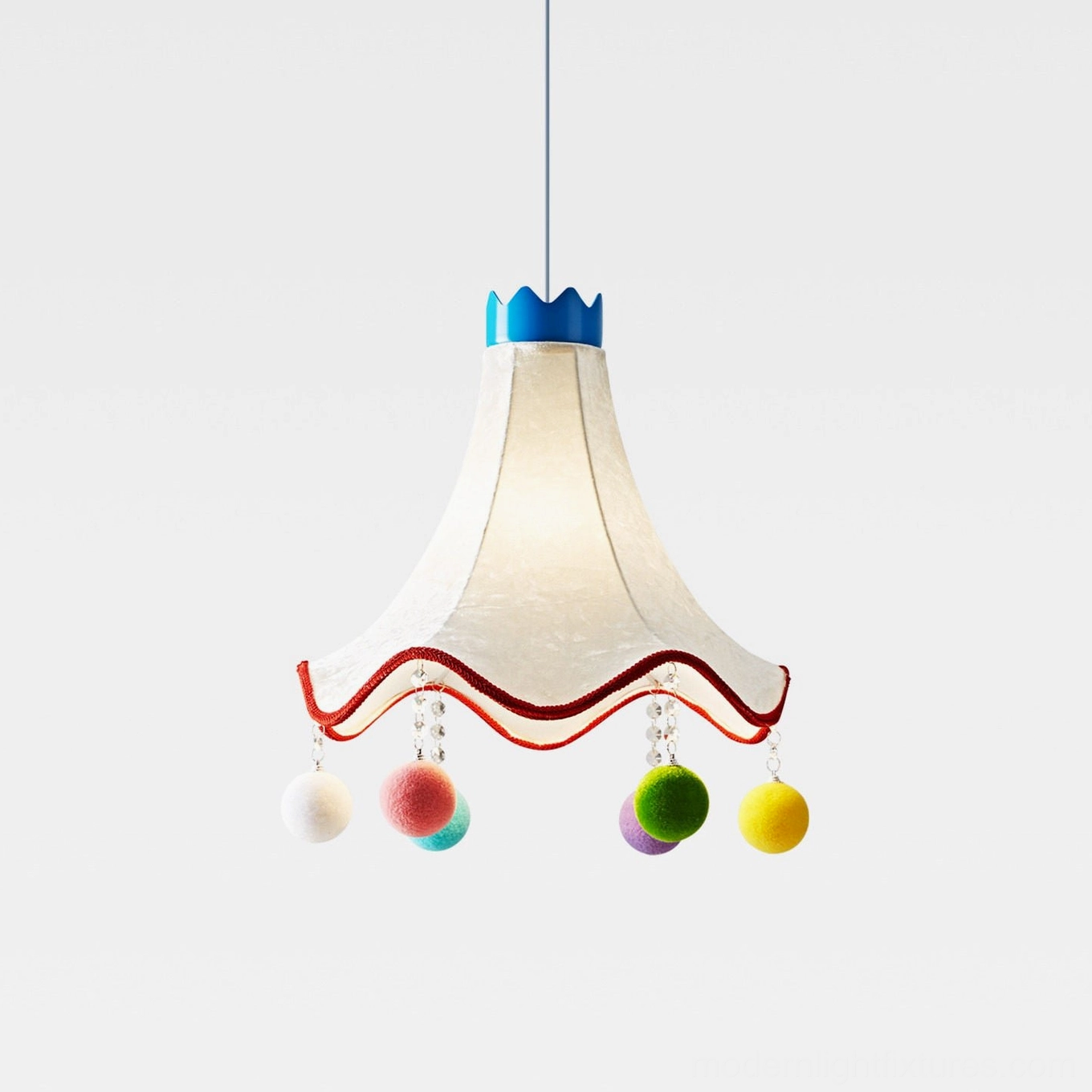 Mireo fabric pendant light with upswept scalloped shade, blue crown finial, and colorful hanging pom-poms - low-angle view