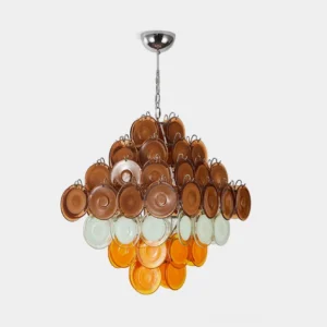 Miretta mid-century modern glass disc chandelier with tiered amber, mint, and honeyed orange glass discs and polished chrome frame - front studio view
