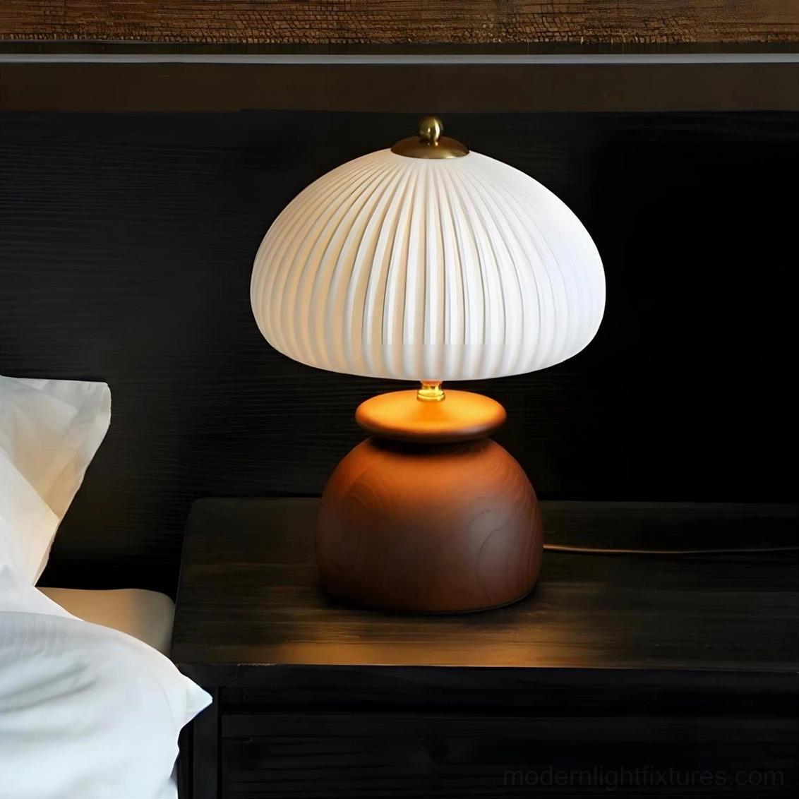Mireva dome table lamp medium brown base white pleated shade, bedroom bedside three-quarter view
