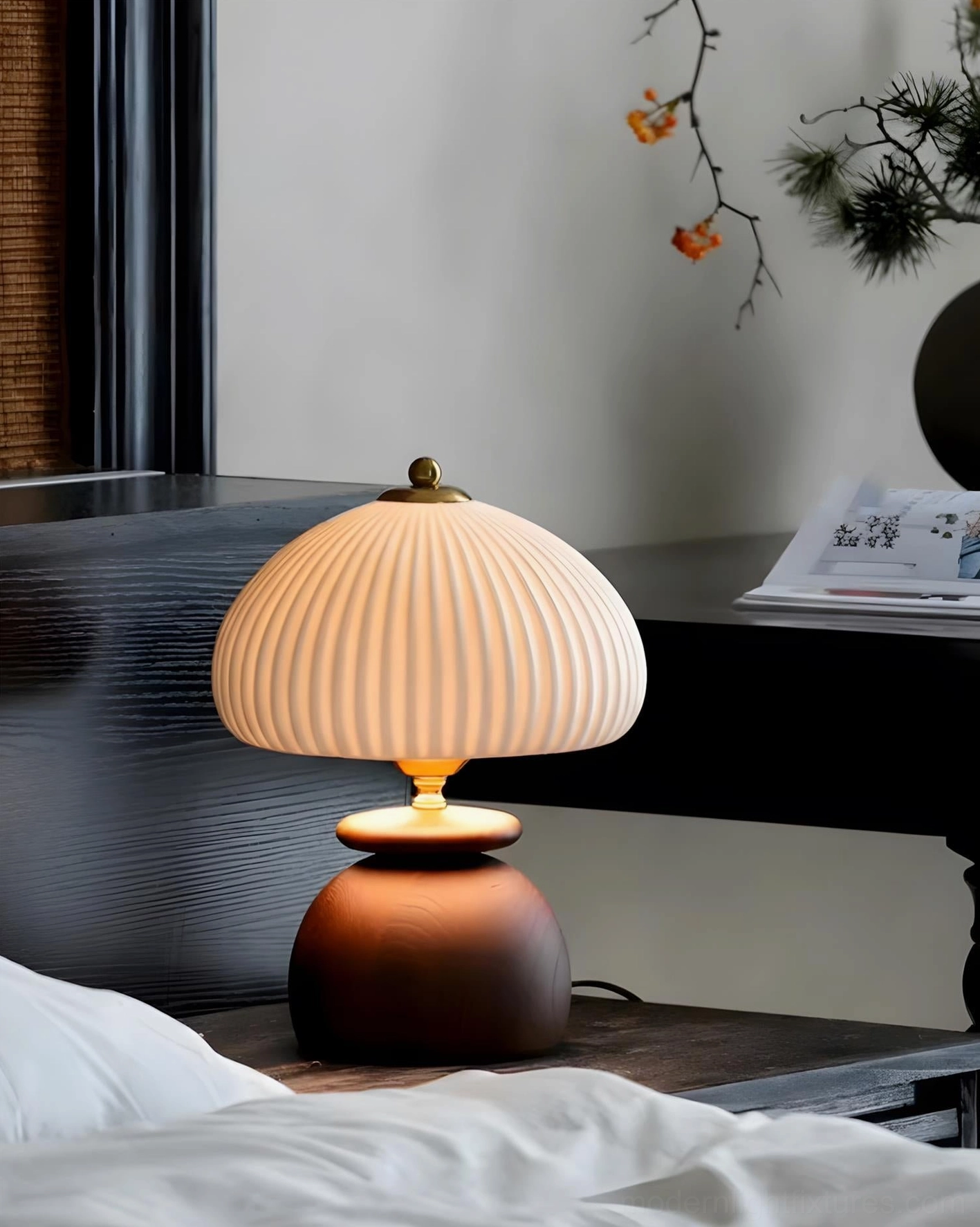 Contemporary table lamp dark brown base with beige ribbed shade, side view modern bedroom