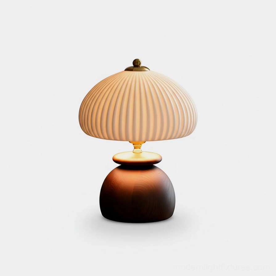 Mireva dome pleated table lamp with walnut wooden base and beige ribbed shade, front studio view