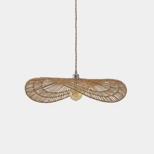 Mireva hand-woven natural cord pendant light with wide sun-hat brim and exposed E27 bulb, front view studio shot