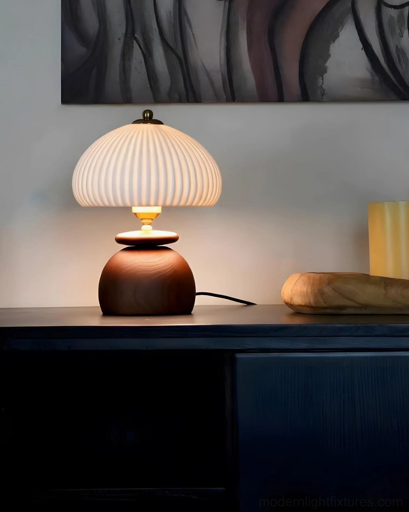 Wooden base dome table lamp with warm beige pleated shade, living room side cabinet display