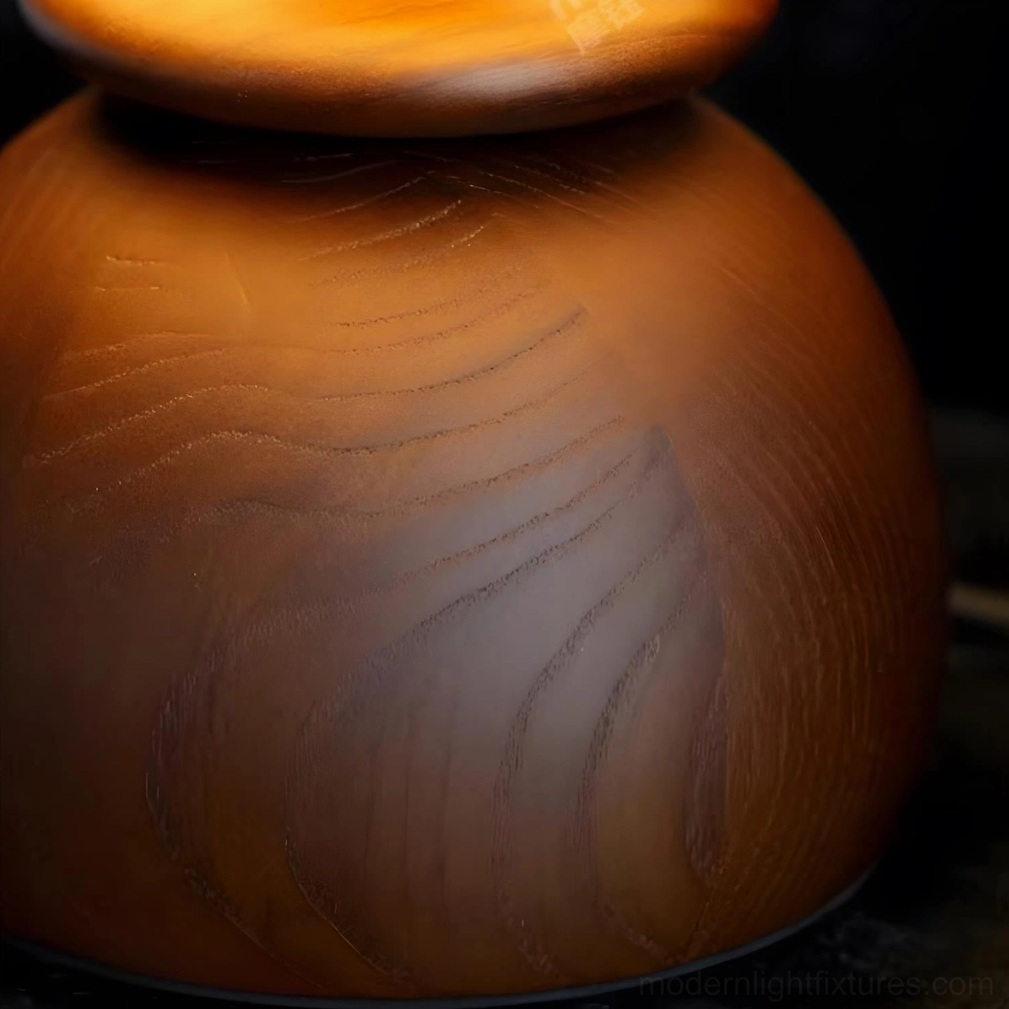 Warm brown solid wood grain detail close-up, Mireva table lamp base craftsmanship
