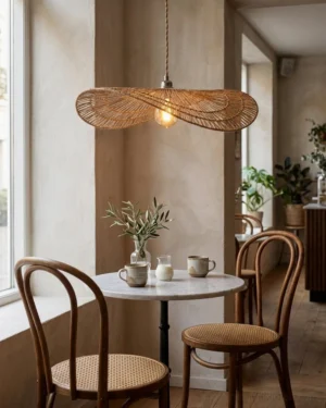 Mireva woven rattan pendant light suspended above cozy dining nook with wooden table and warm glow