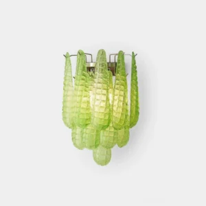 Mireya green textured glass wall sconce with cascading layered glass blades and chrome metal base, front view studio lighting