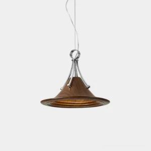 Mireya modern wood grain pendant light with conical flared shade and chrome suspension hardware - front overhead view