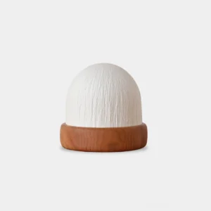 Mireya modern table lamp with rice paper shade and natural wood base, front studio view on white background