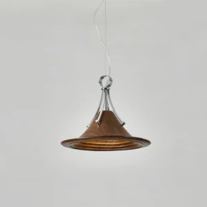 Walnut color Mireya pendant light fixture with warm interior glow - side front angle showcasing wood grain detail