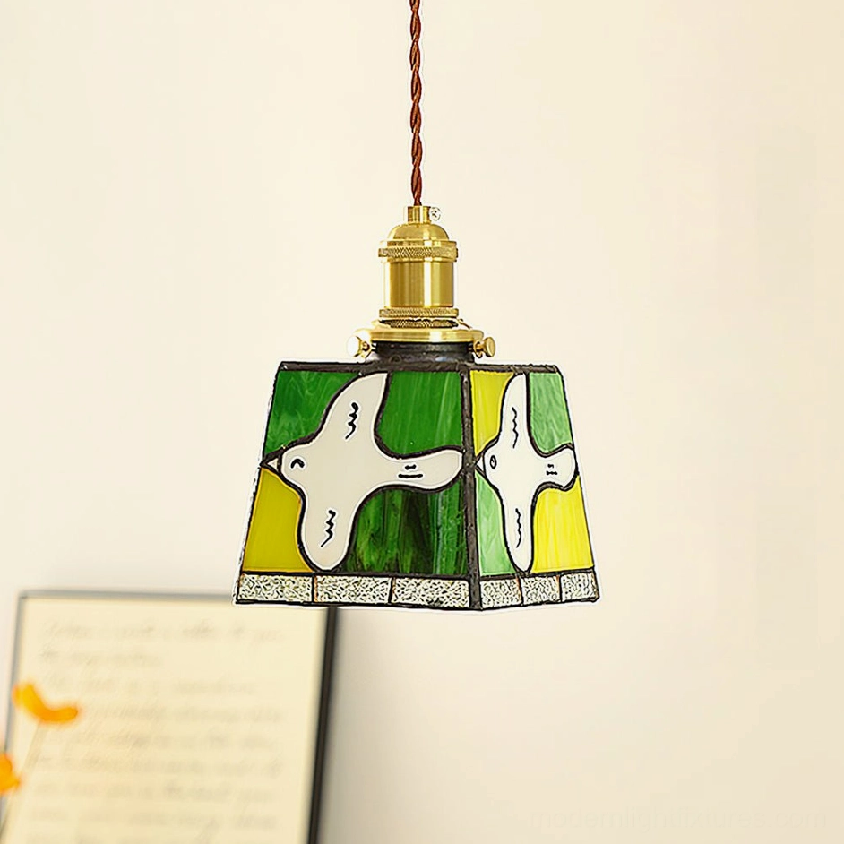Miroa green stained glass pendant lamp with dove motifs color detail
