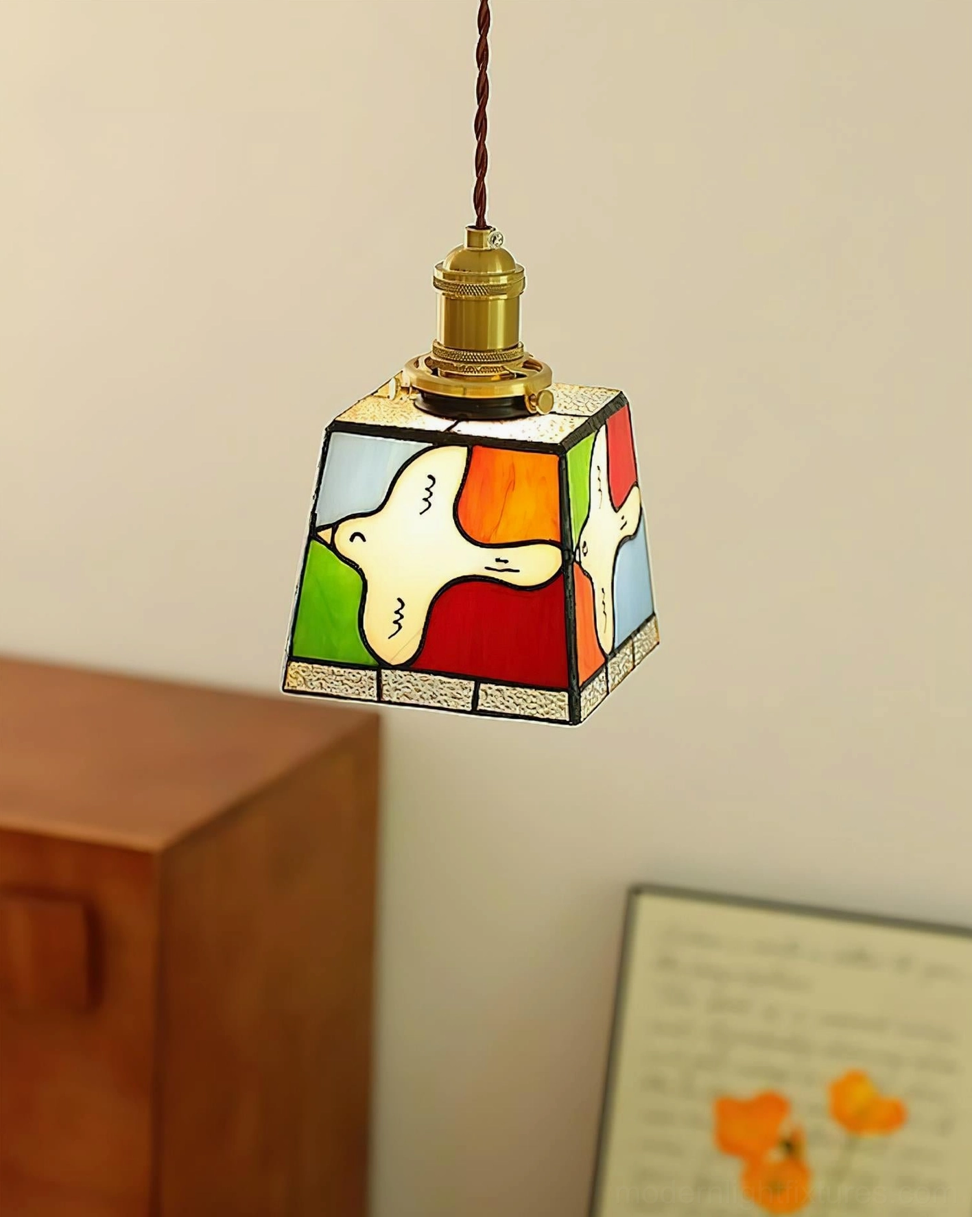 Red green blue stained glass dove pendant lamp with brass fittings side view
