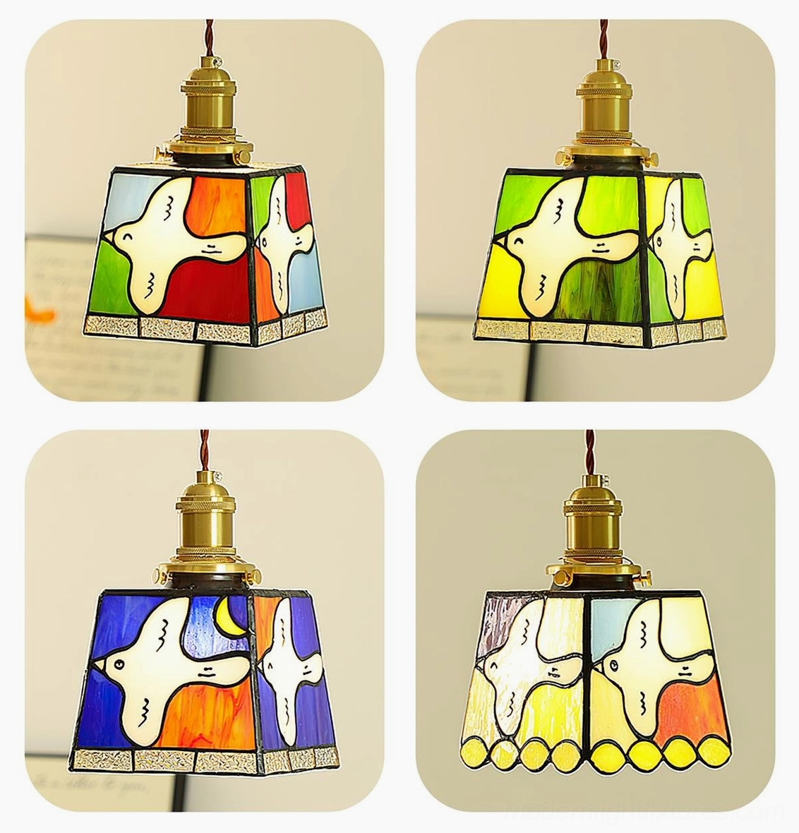 Four color variants of Miroa stained glass pendant lamps display