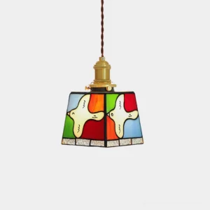 Miroa handcrafted stained glass pendant lamp with colorful dove motifs front view