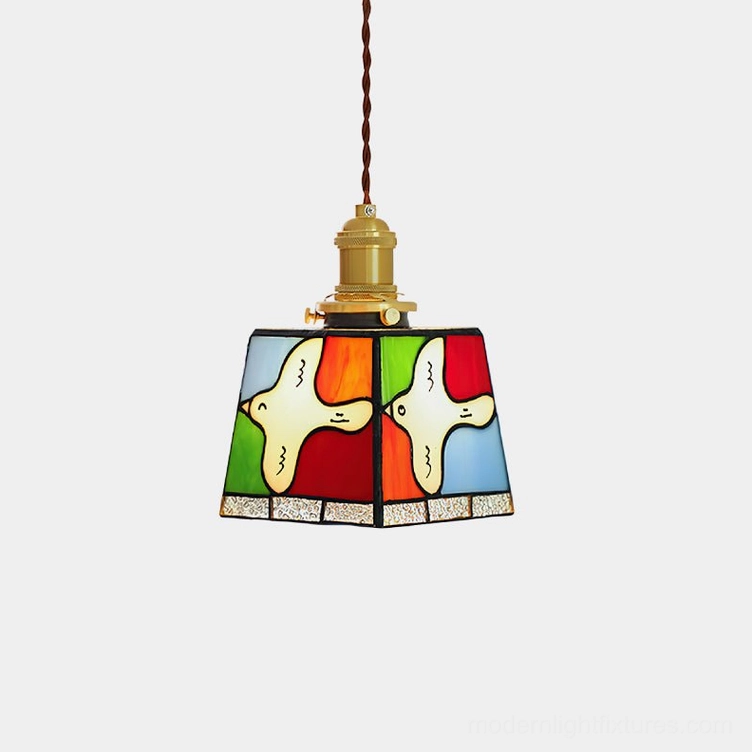 Miroa handcrafted stained glass pendant lamp with colorful dove motifs front view
