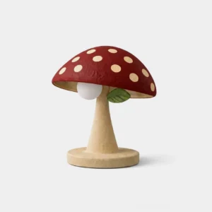 Miroku mushroom table lamp with red polka-dot shade and beige resin base, front studio view