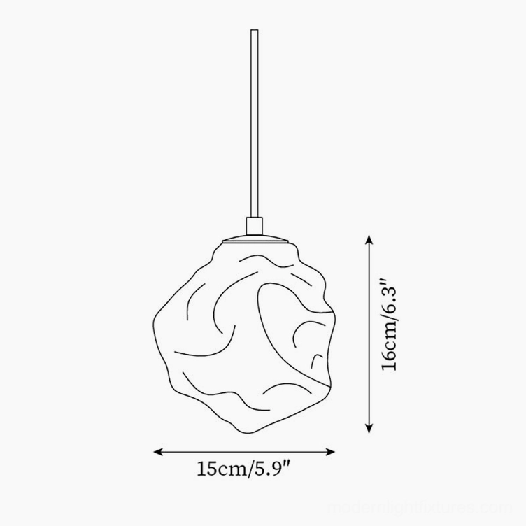 Mirza glass pendant light technical specifications diagram showing 15cm diameter and 16cm height dimensions with measurements in inches and centimeters