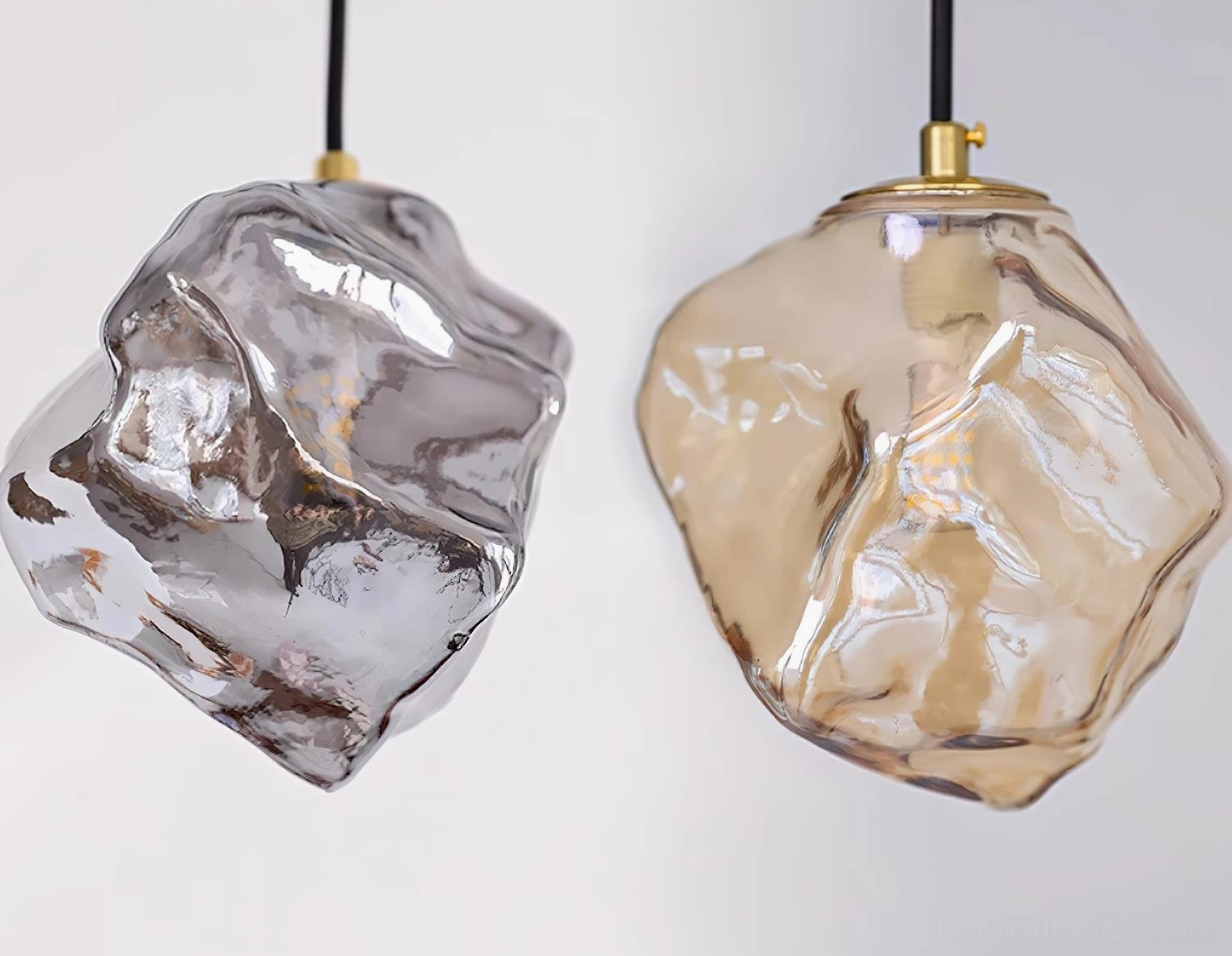 Mirza smoke gray and amber glass pendant light color comparison side-by-side showing different interior design applications