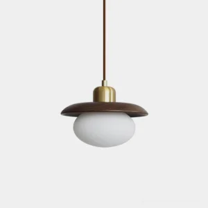 Mistral modern pendant light with walnut wood disc and frosted glass globe - front view product photography