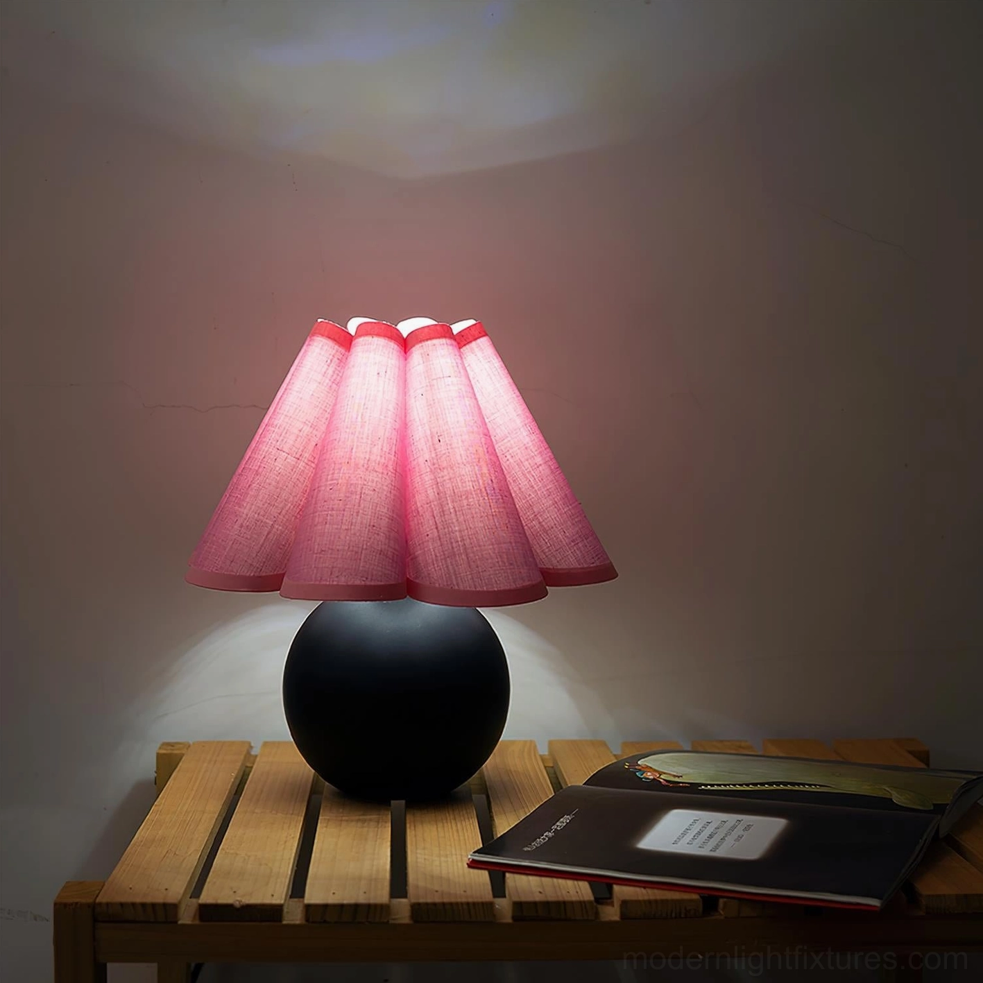 Misty blue and yellow pleated table lamp modern aesthetic with ceramic spherical base interior lighting