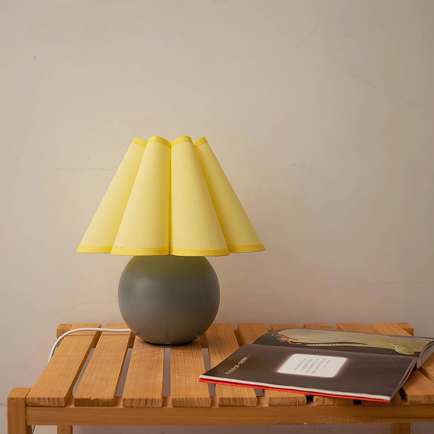 Misty blue and yellow sunburst pleated lamp modern color variant with white ceramic base accent lighting