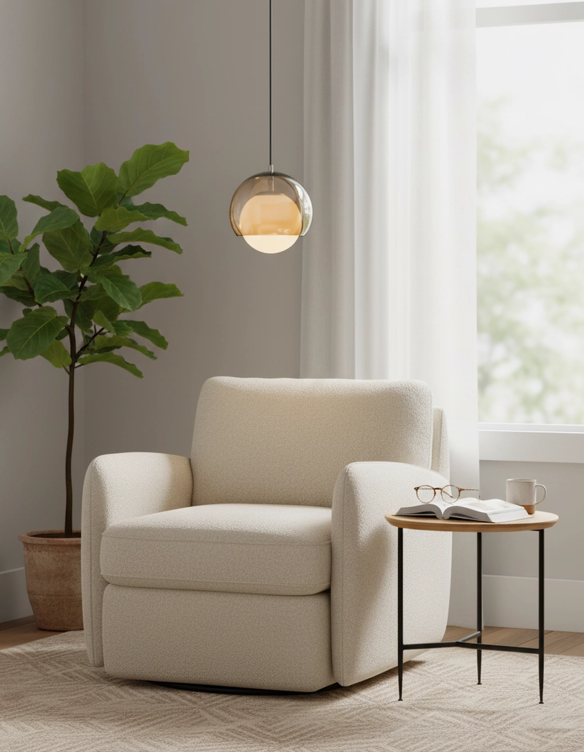 Full view of Misty cognac glass pendant light showing spherical form and metallic frame construction