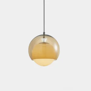 Misty cognac glass pendant light with spherical shade and metal frame on white background - modern minimalist design