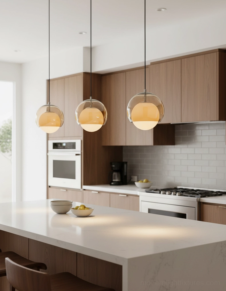 Three Misty pendant lights in dark wood modern kitchen with white countertop and stainless steel appliances