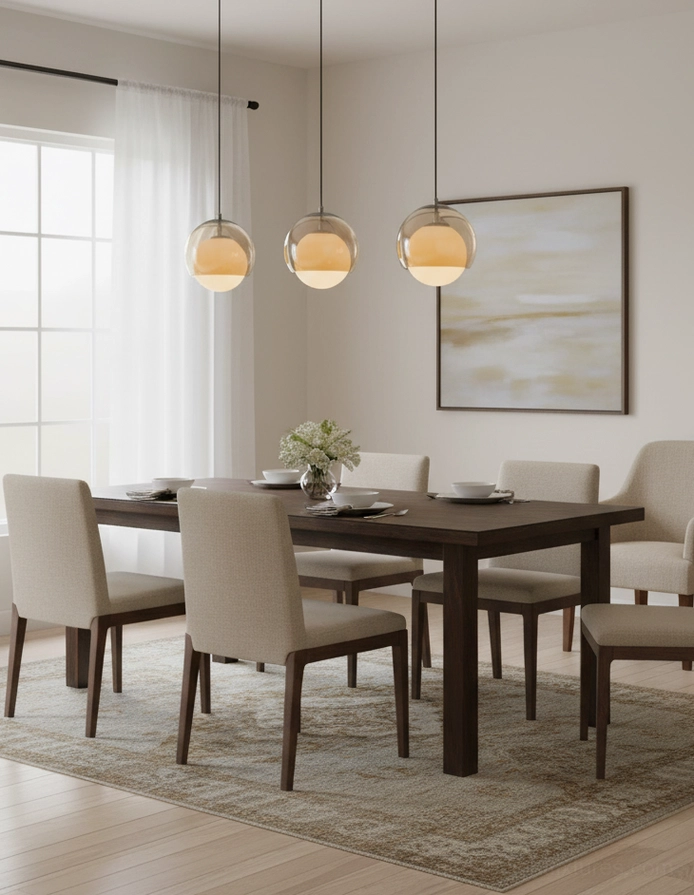 Multiple Misty pendant lights above dining table in modern dining room creating warm atmospheric lighting