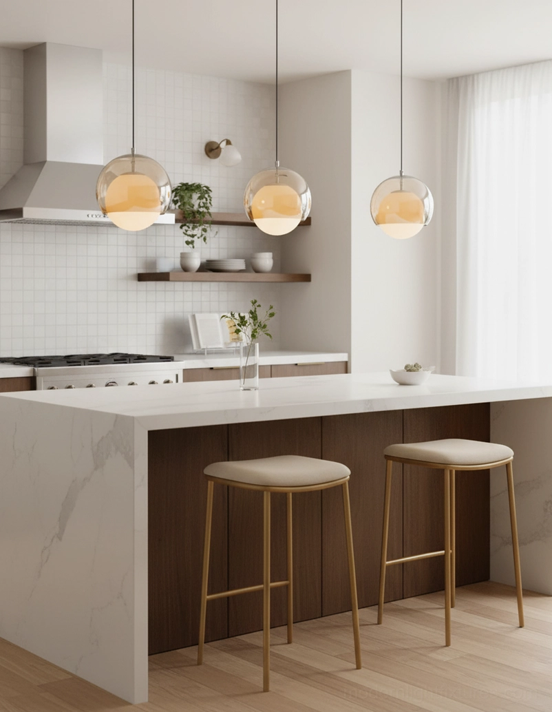 Three Misty pendant lights suspended over kitchen island in Nordic minimalist open-plan kitchen
