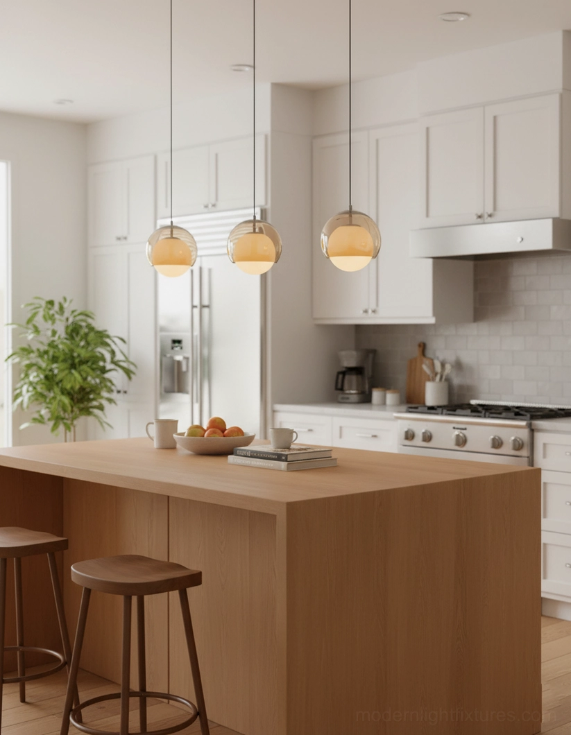 Trio of white frosted glass pendant lights above light wood kitchen with white cabinetry and wooden bar stools