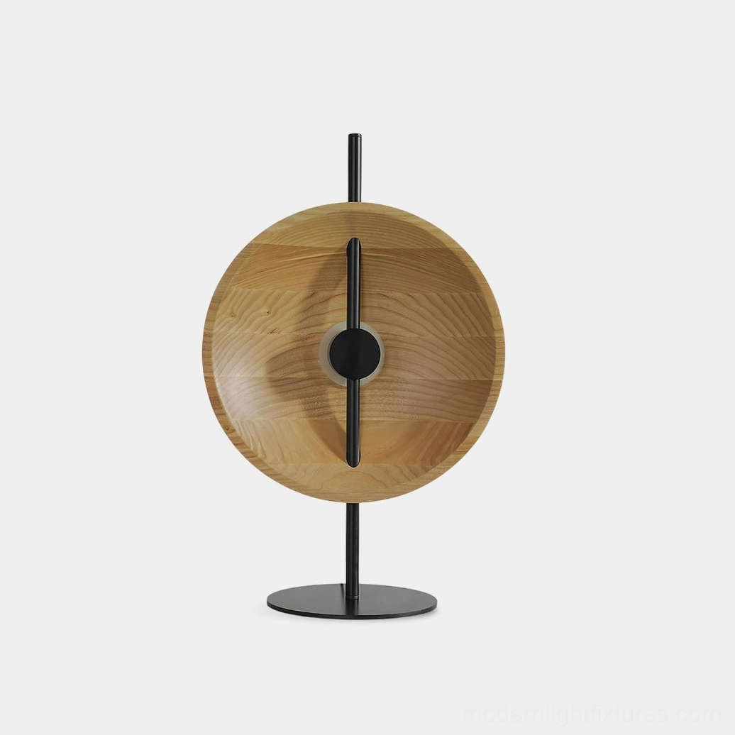 Mito modern circular table lamp with disc shade - natural wood finish and matte black metal frame on white background