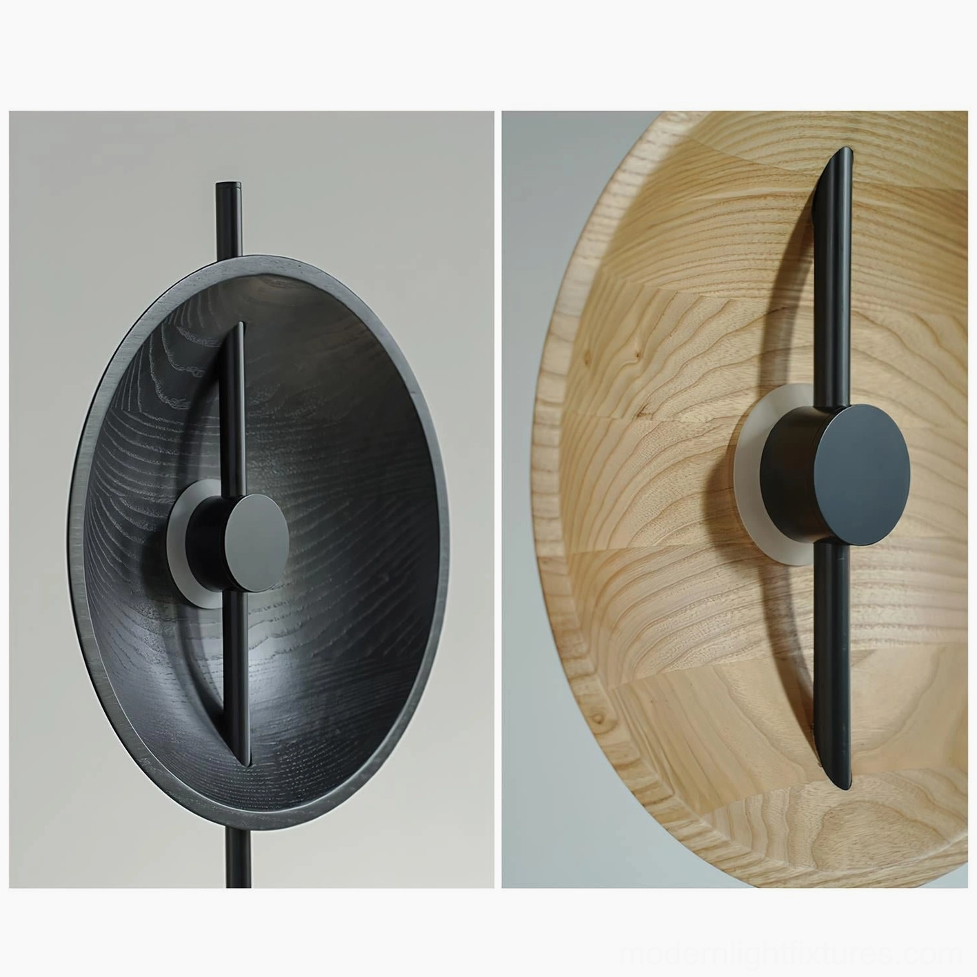 Mito floor lamp finish comparison showing matte black variant and natural wood color option side by side