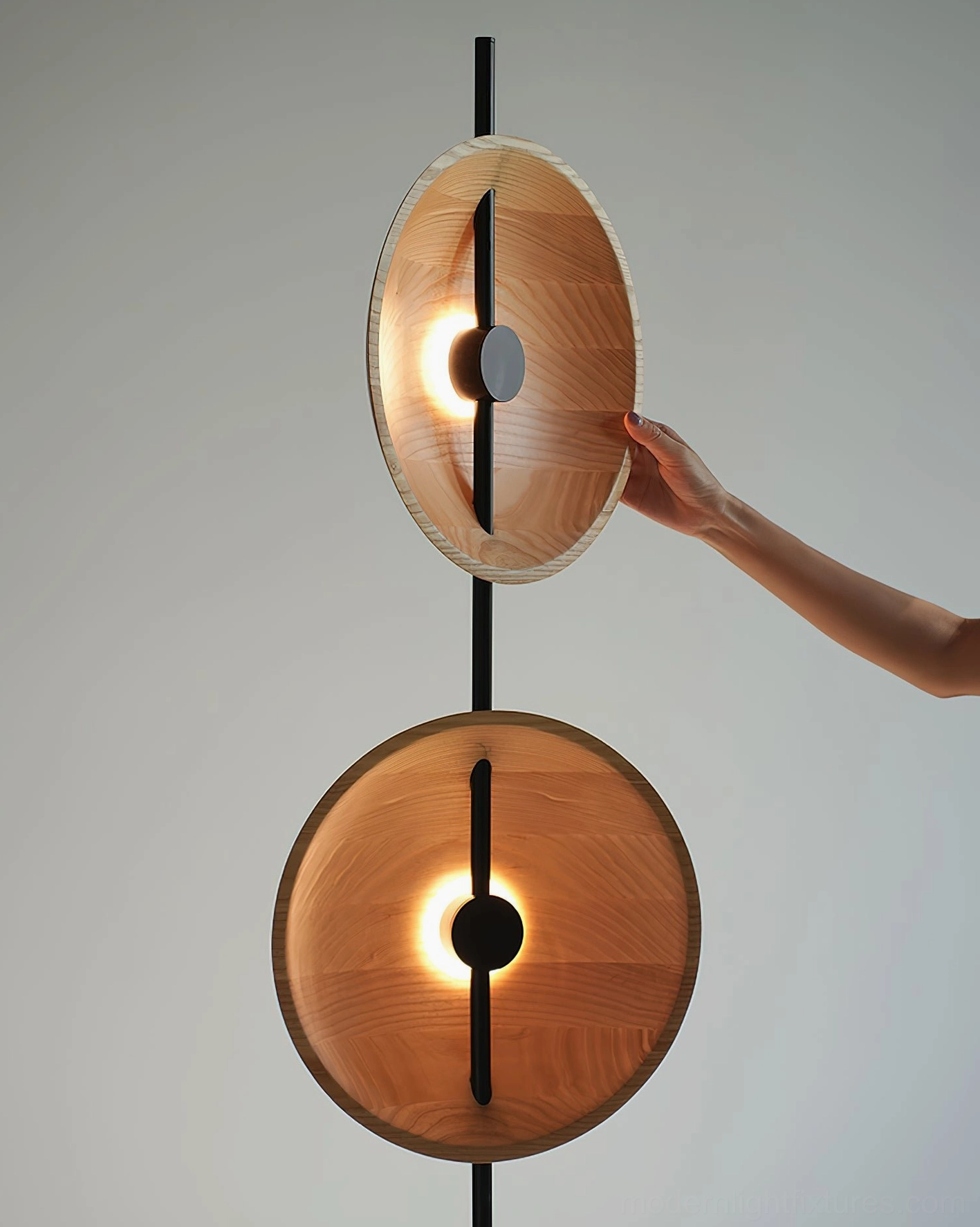 Mito floor lamp low angle close-up with illuminated warm LED light showing adjustable shade design