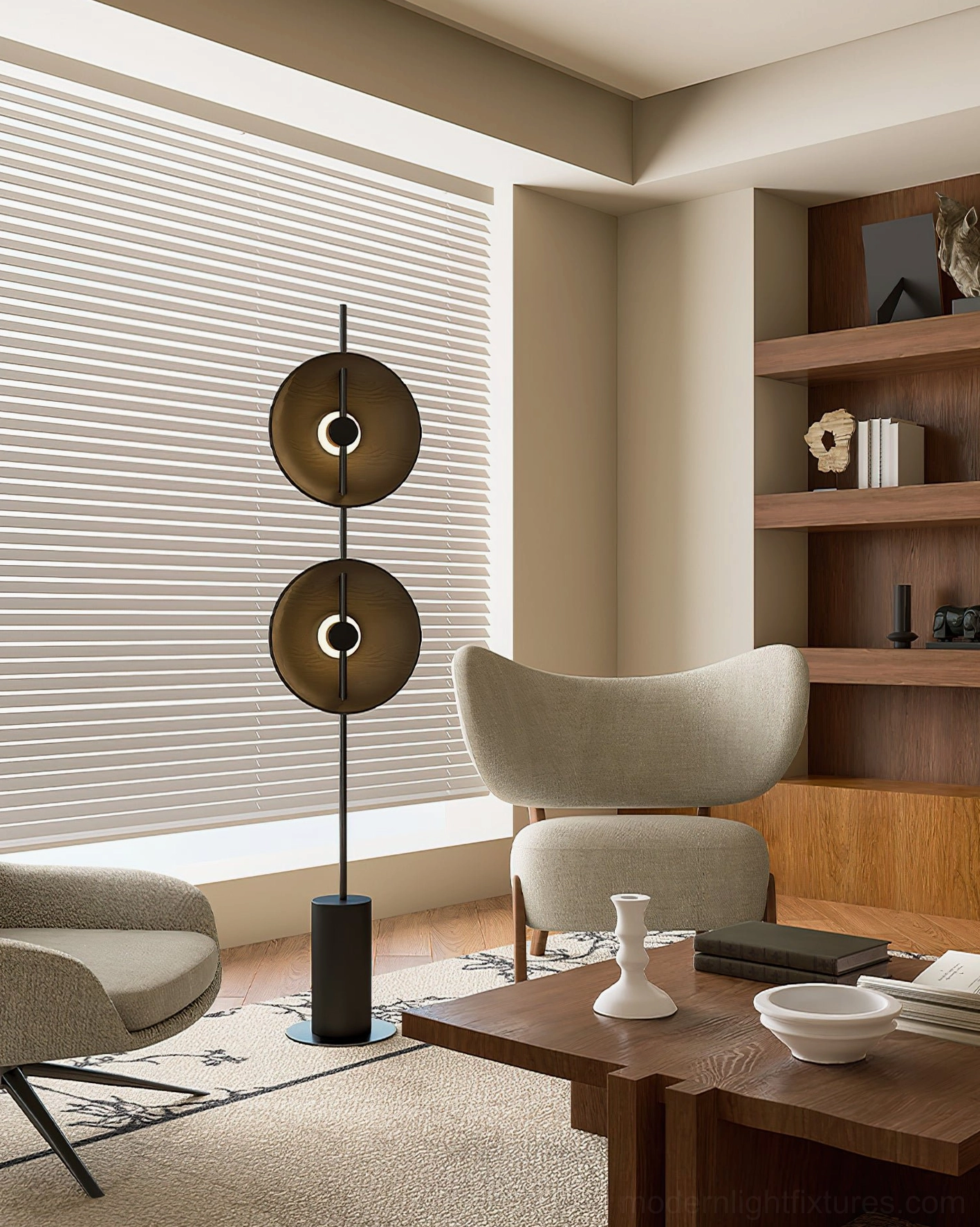 Mito two-tier floor lamp in study with bookshelves and dark wood shades on black metal pole