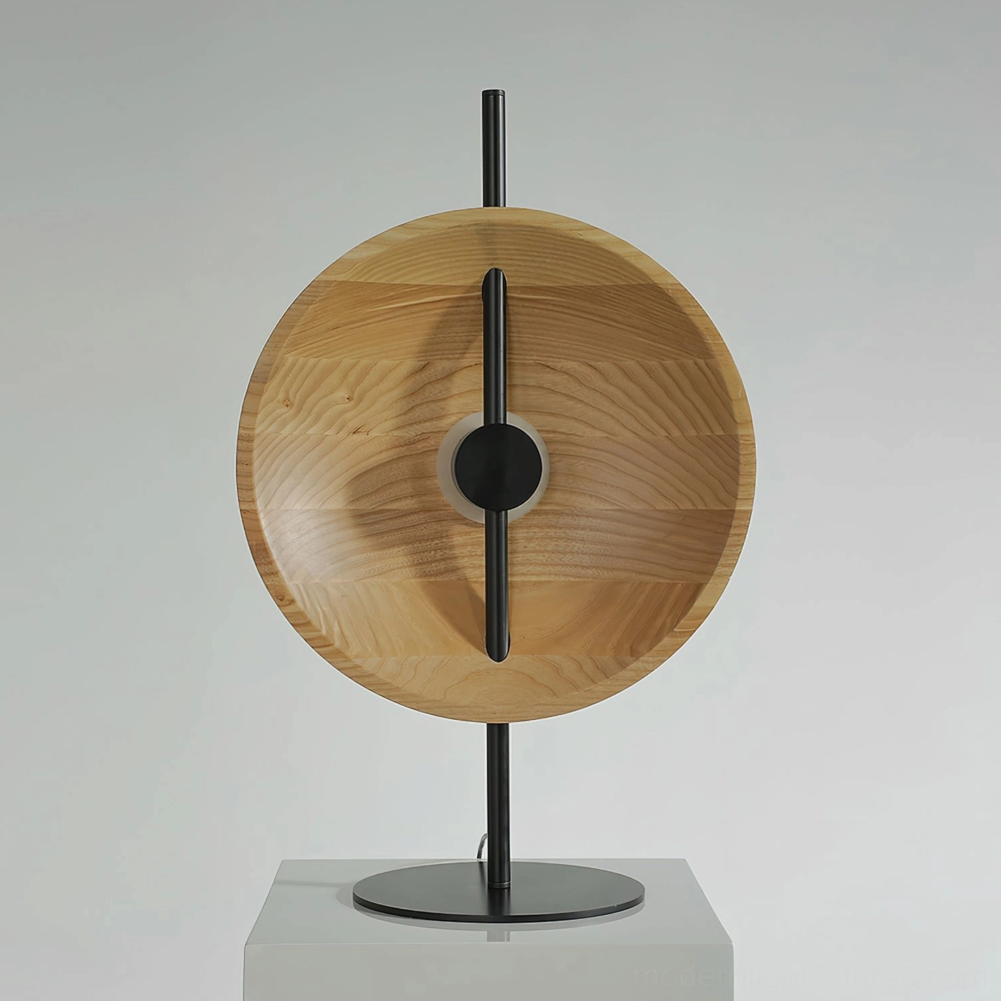 Mito natural wood finish circular table lamp close-up showing authentic wood grain and contemporary design details
