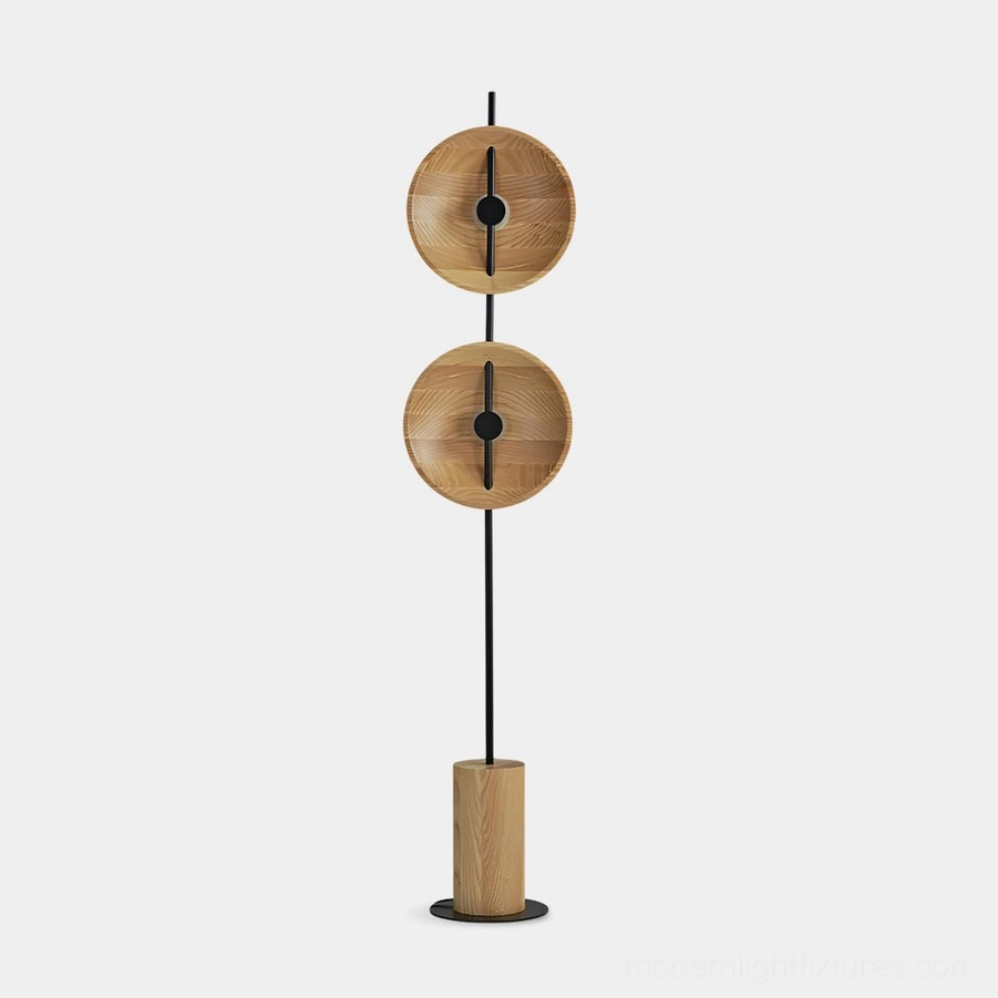 Mito two-tier geometric floor lamp front view with circular disc shades and black metal stem on studio background