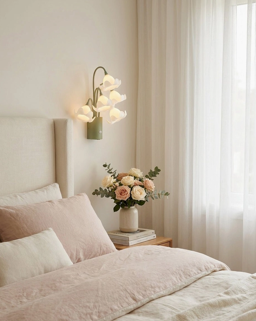 Mivella motion-sensor wall sconce in master bedroom above bedside table with soft warm glow and floral home décor styling