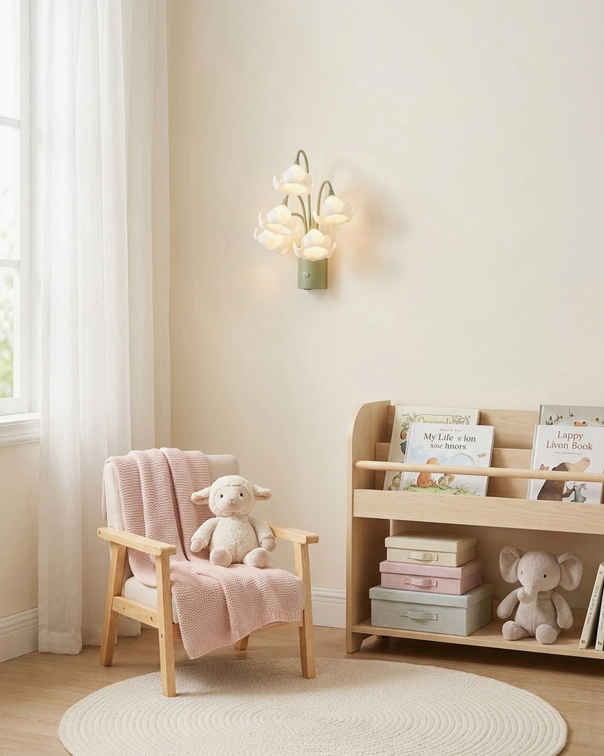 Mivella wall sconce mounted in cozy play corner near sheer curtains with kids toys and bookshelf creating warm ambient nursery lighting