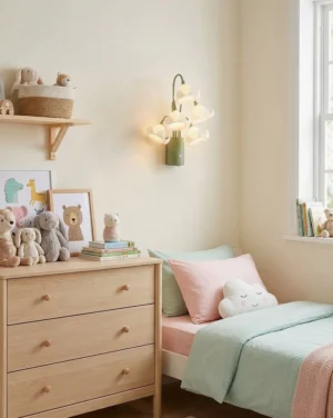 Mivella wall sconce installed in children's bedroom above wooden dresser, emitting warm soft ambient light in cozy nursery setting