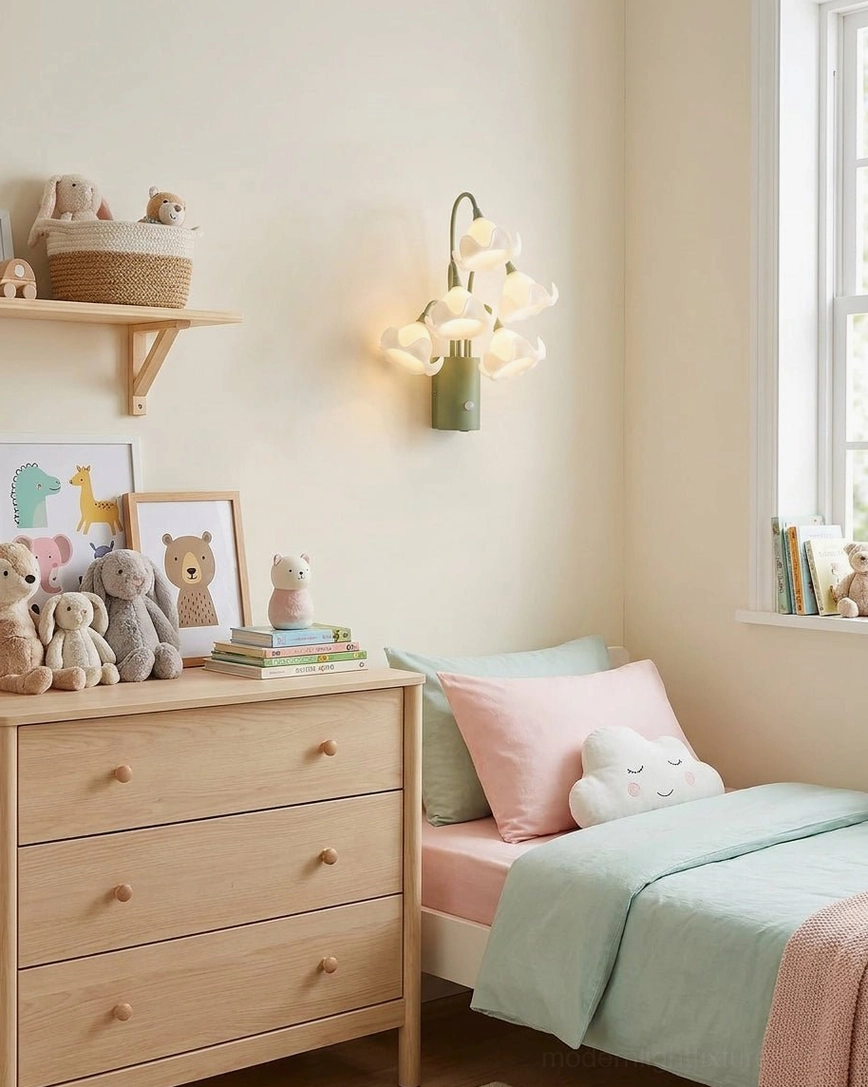 Mivella wall sconce installed in children's bedroom above wooden dresser, emitting warm soft ambient light in cozy nursery setting