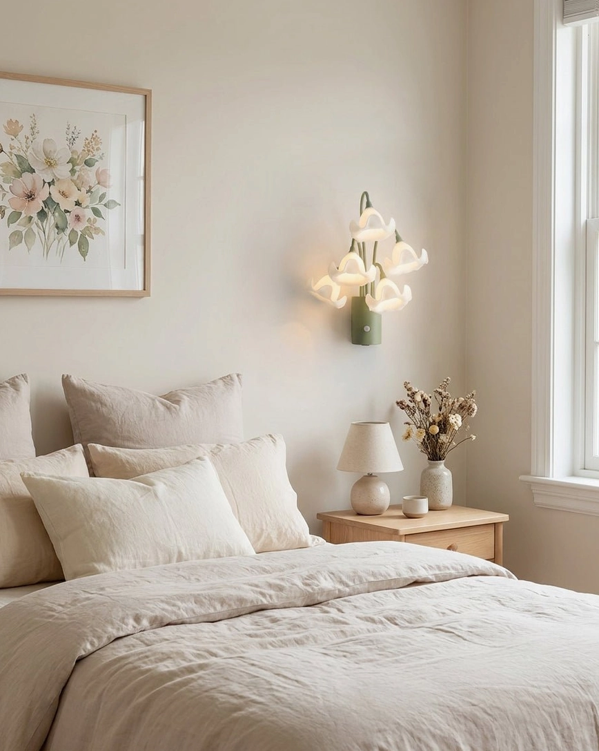 Close-up detail of Mivella wall sconce showing intricate ruffled acrylic flower texture and sage green iron mounting base