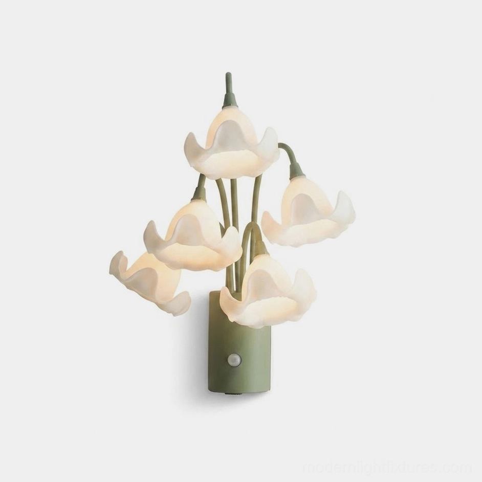 Mivella floral motion-sensor wall sconce with five ruffled white acrylic flower heads and sage green iron stem base on white studio background
