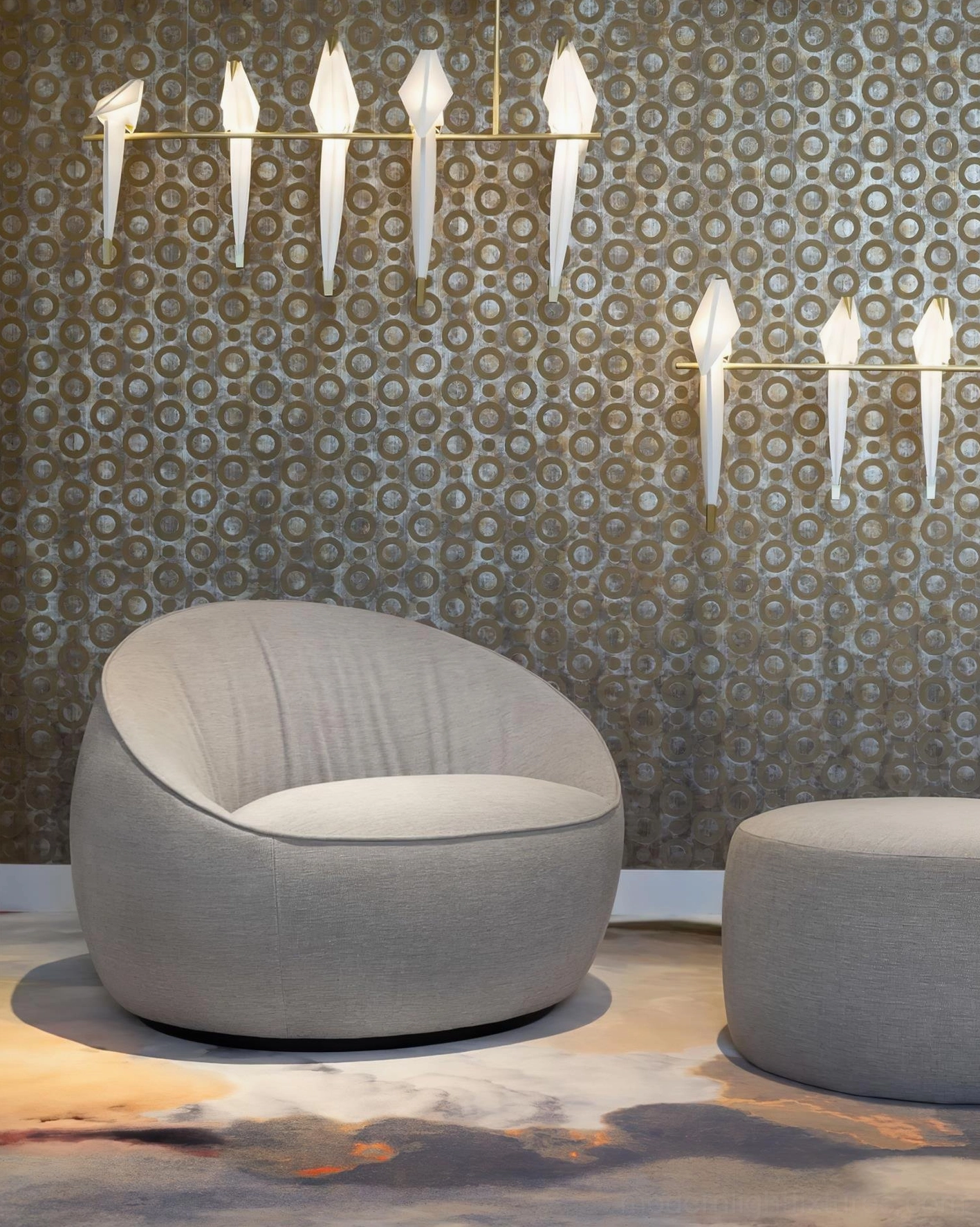 Mixed size origami crane chandeliers modern lounge patterned accent wall