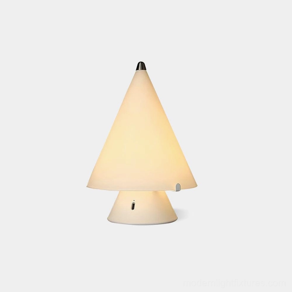 Miza minimalist table lamp with frosted milky white glass conical shade and silver finial on plain white background