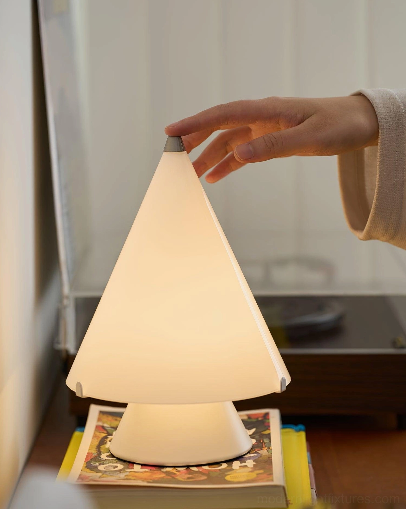 Close-up of Miza table lamp silver finial and frosted glass shade detail on home office desk