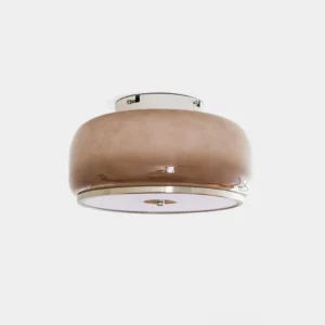 Mocha drum ceiling light with frosted glass shade and chrome trim, studio front view